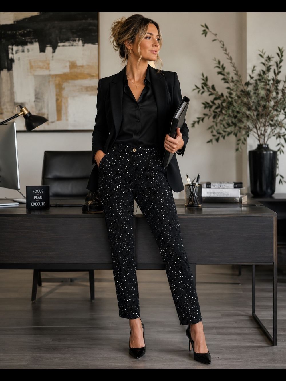 Faith and Joy Black Sparkle Dotted Slim Ankle Pants